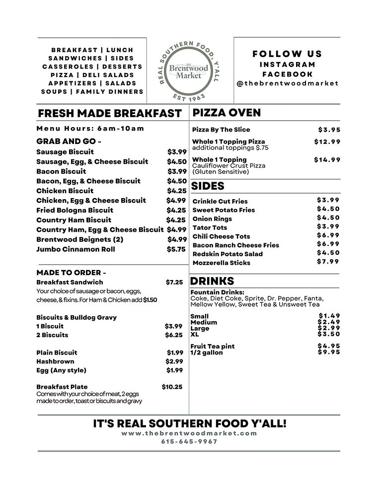 Market Menus The Brentwood Market